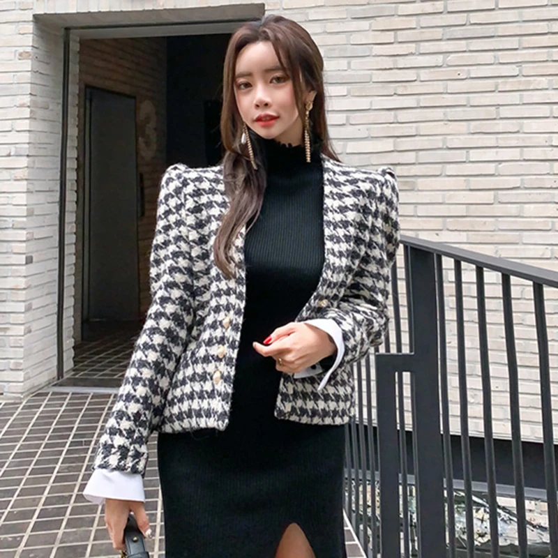 

Pearls Double Breasted Cropped Jackets Women Houndstooth Plaid Wool Coats Patchwork Long Sleeve Elegant Outwear Autumn 2020 B334