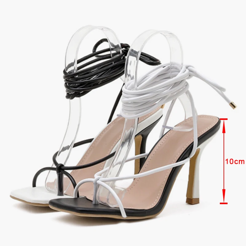 

Women Sandals Sexy High Heels Woman Summer Shoes Bandage Saquare Toe Female Plus Size Narrow Band PU Footwear 2021 Fashion
