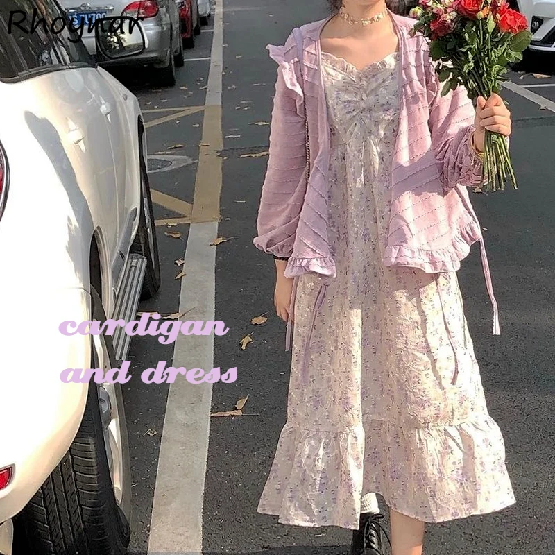 

Women Sets Full Lantern Sleeve Sun Proof Cardigan Vacation Vintage Floral Ruffles Mid-calf All Match Dress 2 Pcs Girlish Chic