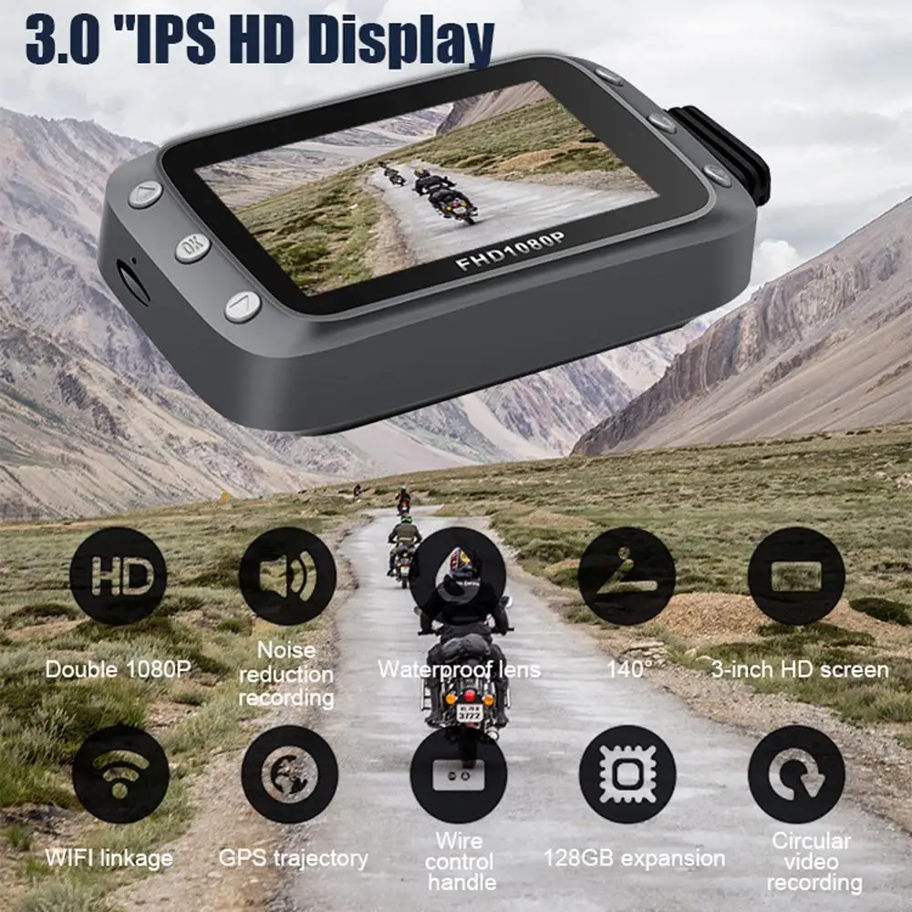 

Motorcycle Recorder HD 1080 screen driving recorder Support GPS and WIFI 140 Degree Wide Angle Loop Recording for Outdoor Drivi