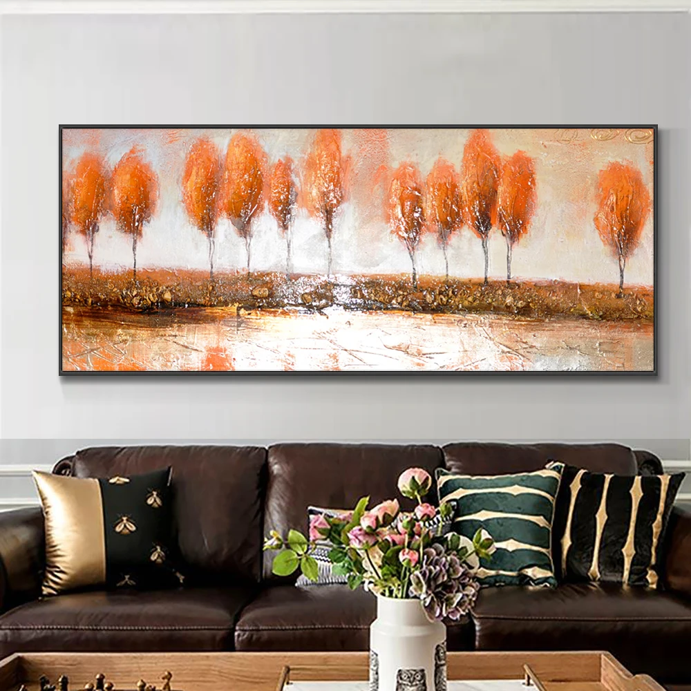 

Blue Yellow Pink Trees Oil Painting 100% Handmade On Canvas Modern Landscape Plant Wall Art Decorative Painting For Living Room