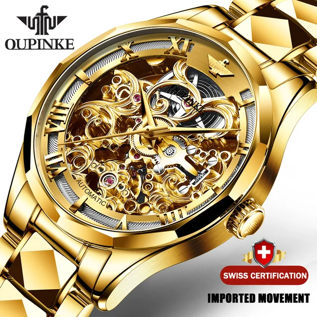 Negócios de Aço Relógio de Pulso Suíça Oupinke Luxo Ouro Relógios Masculinos Relógio Automático Tungstênio Mecânico Safira Cristal