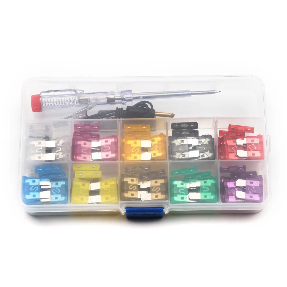 100Pcs Assorted Auto Car Low Profile Medium Blade Fuses With Test Pen Plug Glass Fuse Kit 2A/3A/5A/7.5A/10A/15A/20A/25A/30A/35A |