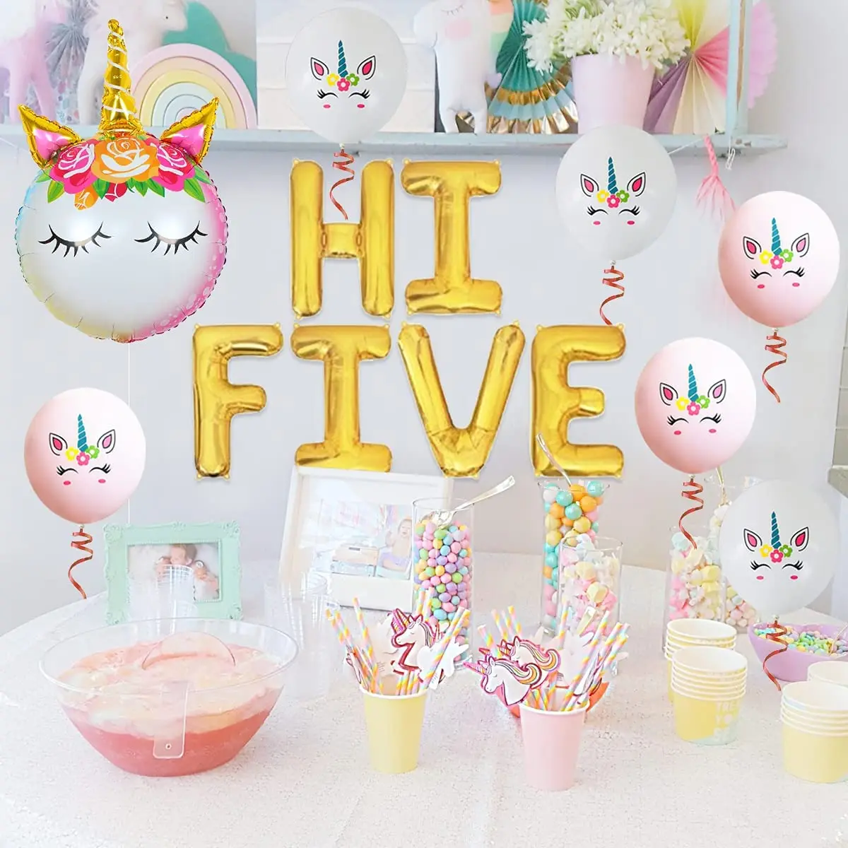 Decoraciones de fiesta de cumplea&ntilde;os para ni&ntilde;as de 5 a&ntilde;os, pancarta de feliz cumplea&ntilde;os, globos de papel de aluminio HI FIVE de unicornio degradado-3