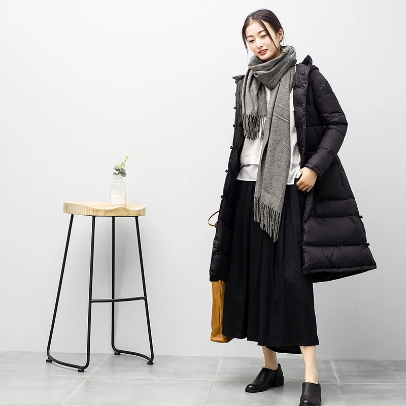 2020 New Large Women Winter Down Coat Vintage Chinese Button X-long Hooded Jackets Female Outerwear Warm OK1051 | Женская одежда