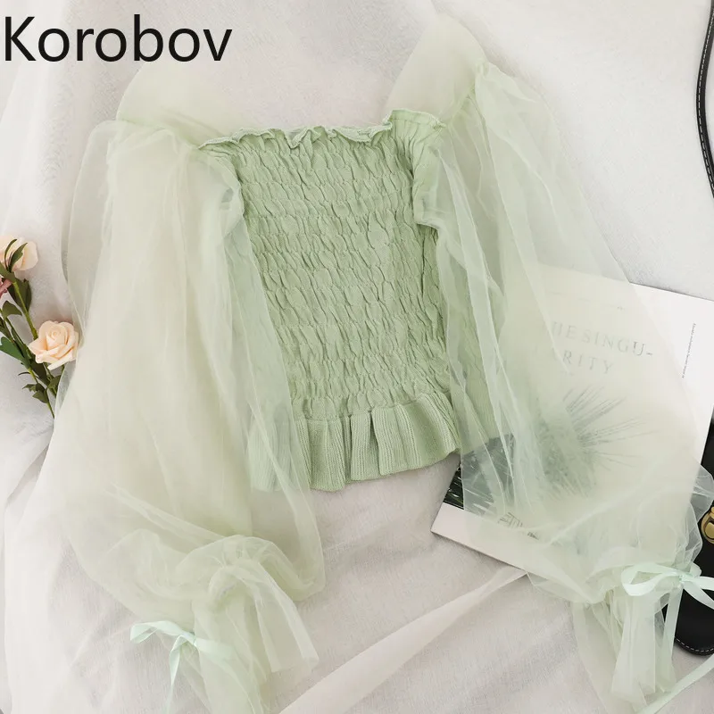 

Korobov Korean Solid Mesh Long Sleeve Sexy Women Blouses 2020 New Arrival Slash Neck Female Shirts Elegant Mujer Blusas