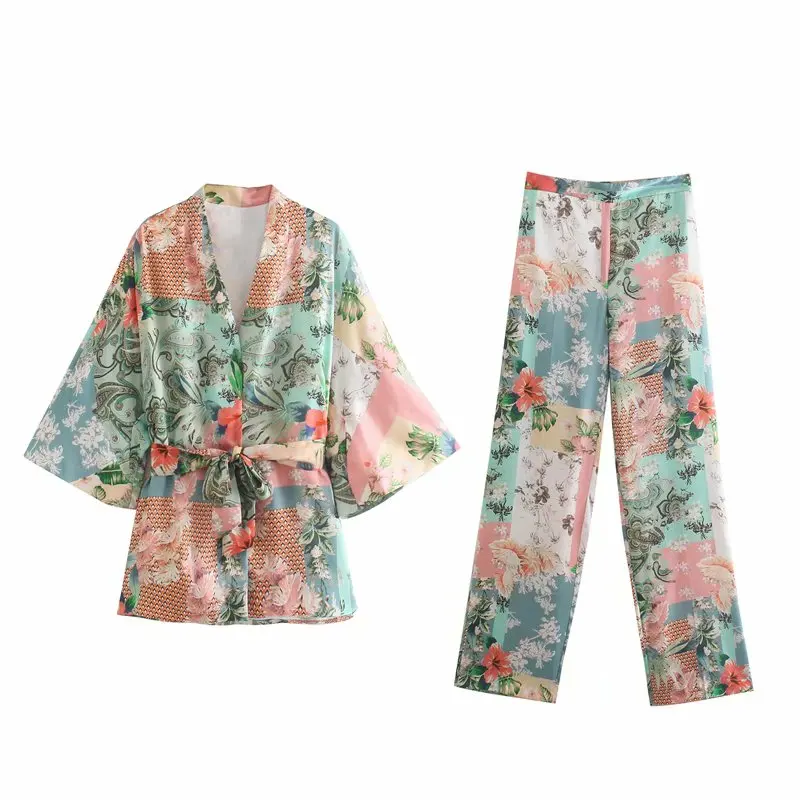 

2pcs ZA Women Blouses +Trousers Suit Sashes 2021 Summer Thin Full Printed Long Sleeve Shirts Set Female Pants Casual Clothes