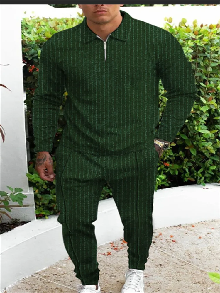 Мужская хлопковая рубашка поло на молнии и брюки с длинным рукавом комплект из 2