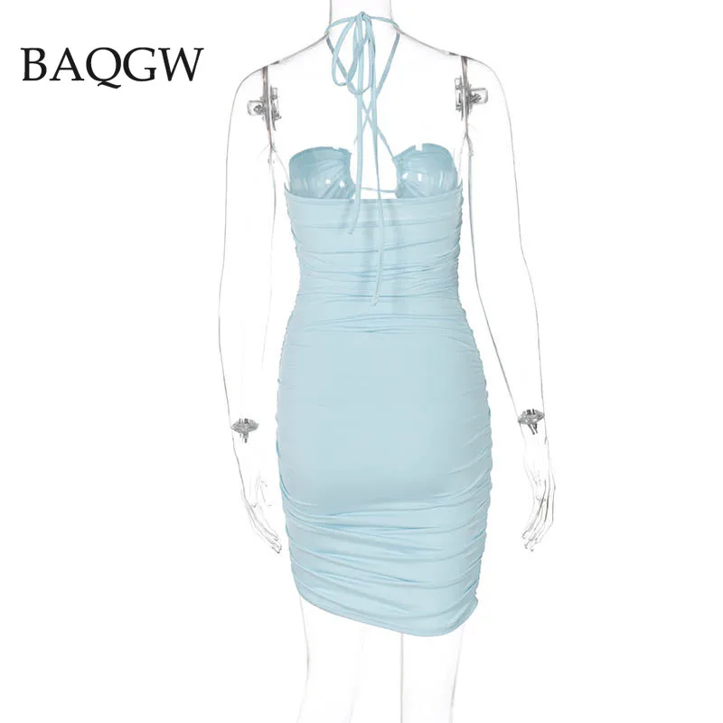 

Sexy Halter Ruched Bodycon Solid Dress Club Party Backless Sleeveless Summer Party Holiday Cut Out Straps Mini Dresses Vestido