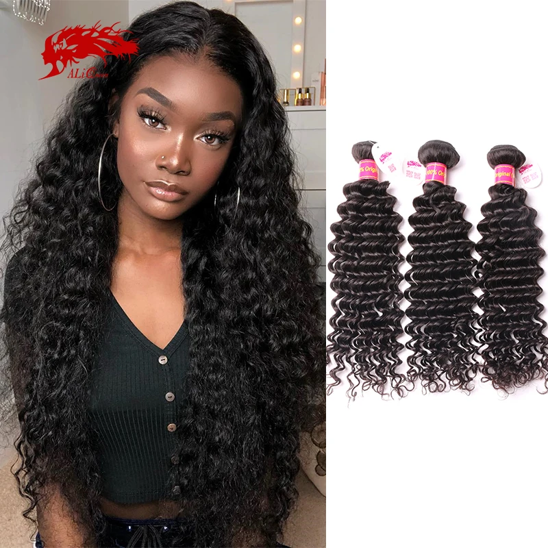 

Ali Queen Deep Wave Brazilian Unprocessed Raw Virgin Human Hair Weaving Extension Bundle Weft Natural Color 40Inch Double Drawn