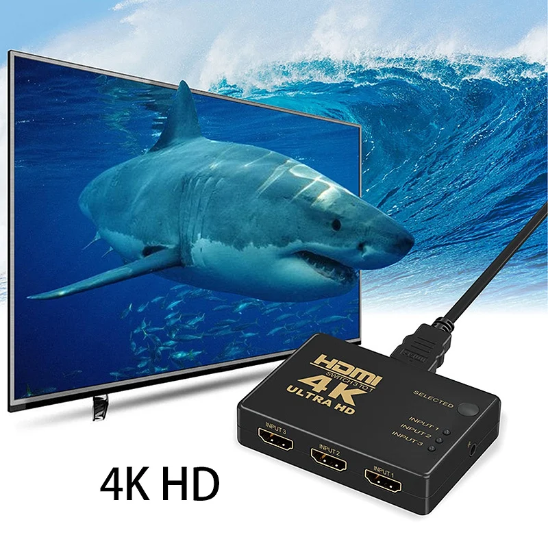 

HDMI Switcher 3 in 1 Out, Support 4K, Full HD 1080P, 3D Infrared Remote Control, 3 in 1 Switcher