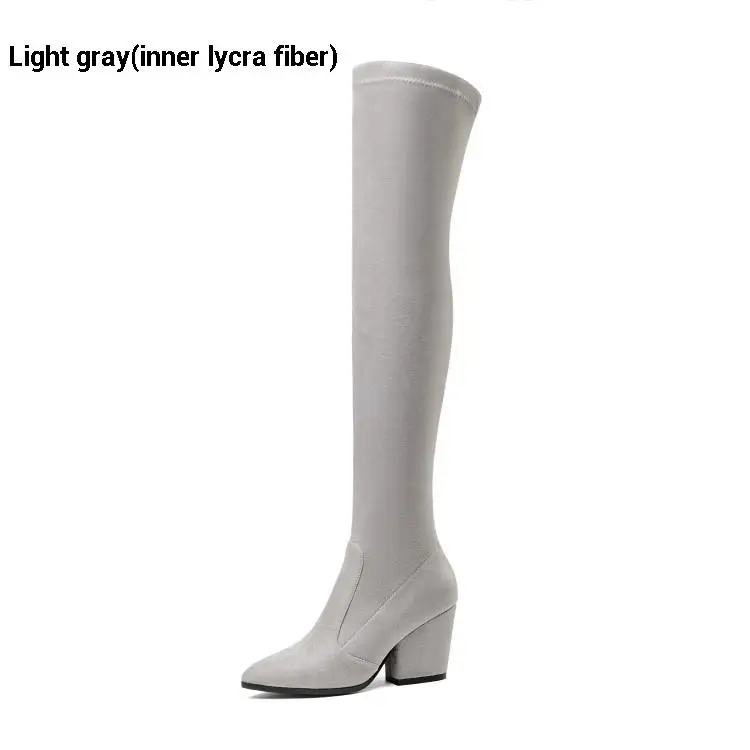 Light gray(lycra) CDAXILAN/Новое поступление, Сапоги выше колена женские сапоги до бедра из искусственной замши женские зимние сапоги на высоком каблуке 8 см - Цвет: Light gray(lycra)