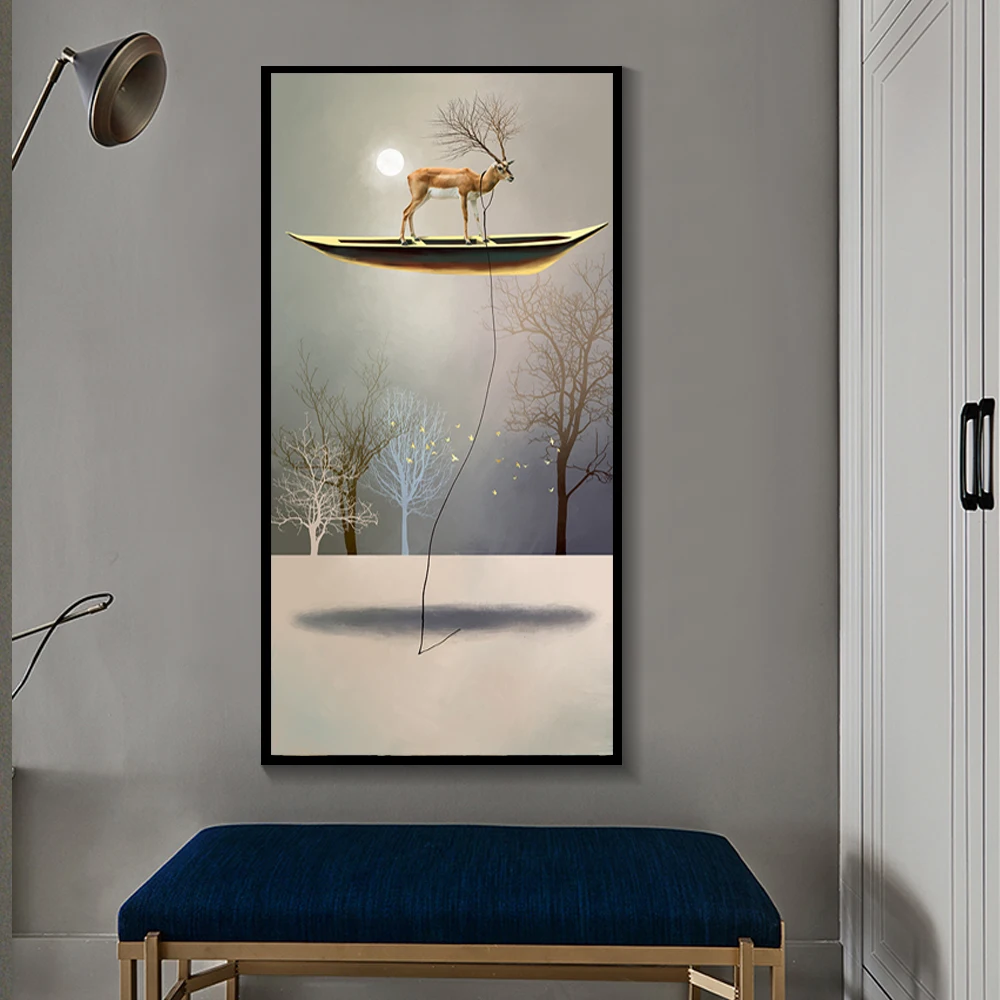 

Abstract Deer Boating Canvas Painting Print Post Modern Wall Art Painting Artwork Minimalist Picture Living Room Corridor Decor