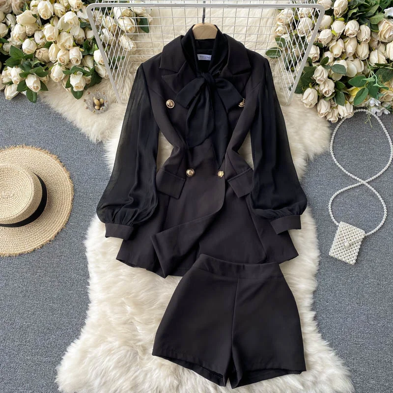

Fashion Korean OL 2 Peice Set Women Suits Bow Long Sleeve Blazer Coat + High Waist Shorts Sets Female Spring Two Peice Outfits