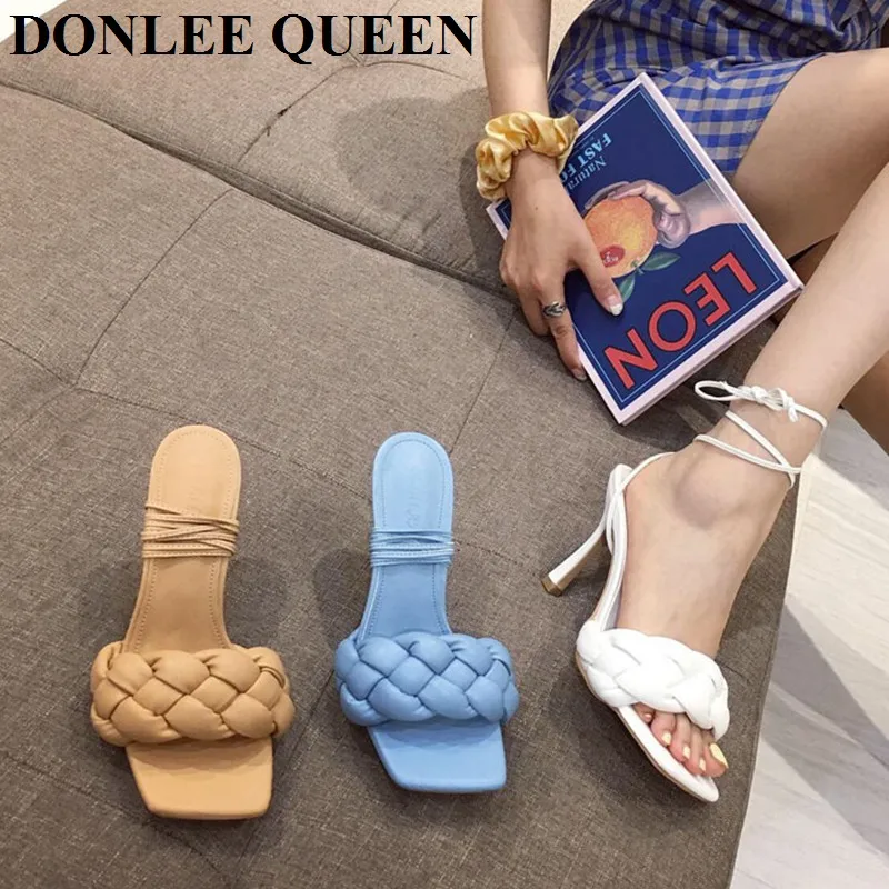 

Fashion Brand Slippers Women High Heel Cross Tie Sandal 2021 Weave Slipper Casual Slides Outdoor Flip Flops Shoes Sandales Mujer