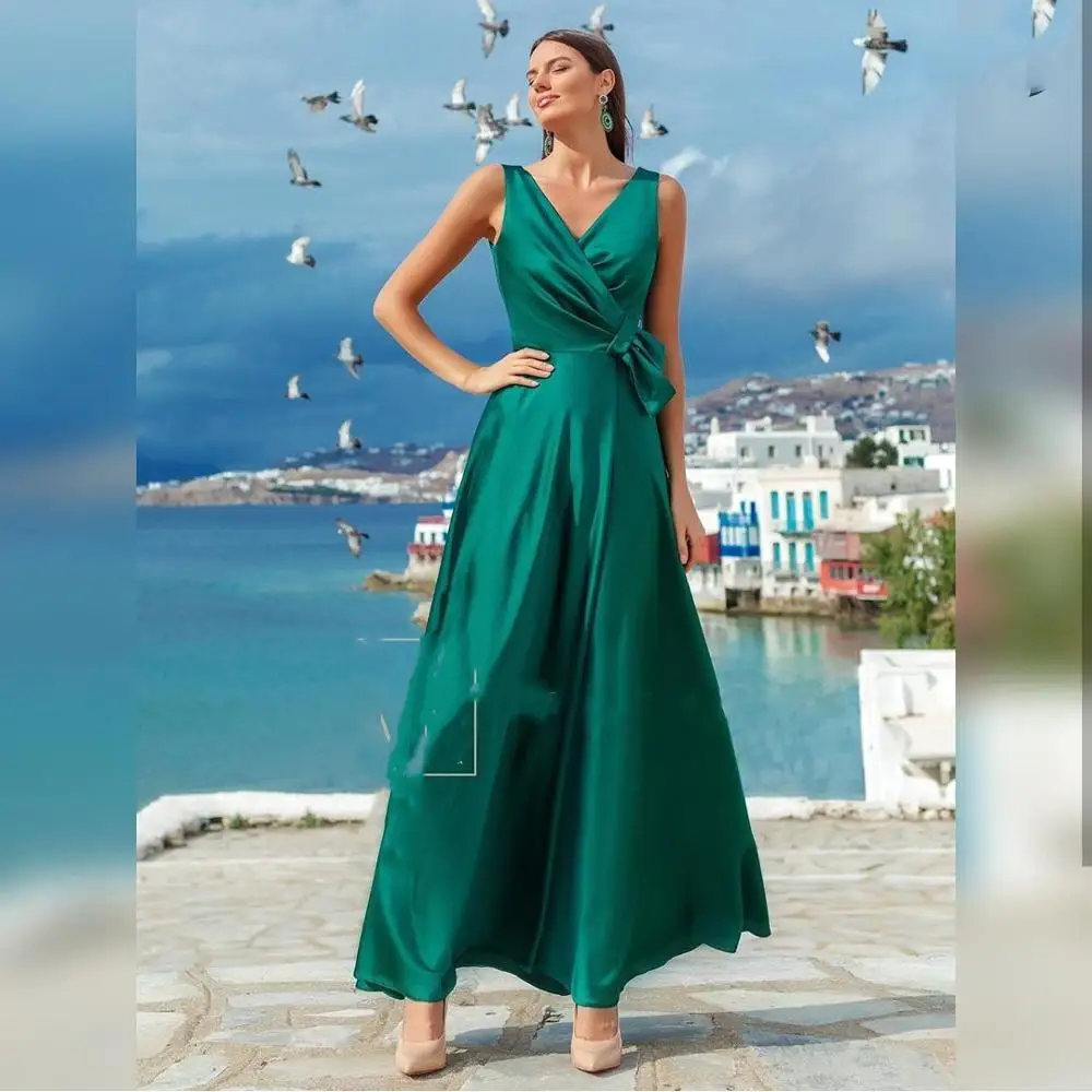 

Женское вечернее платье зеленого цвета, простое атласное платье трапециевидной формы без рукавов с v-образным вырезом, вечерние элегантные ...