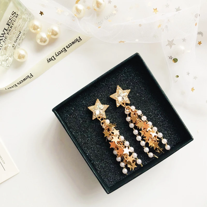 S925 Silver Needle Fashion Rhinestone Stars Tassel Earrings for Women Girls Sweet Long Pearl Sequins Five-pointed Star | Украшения и