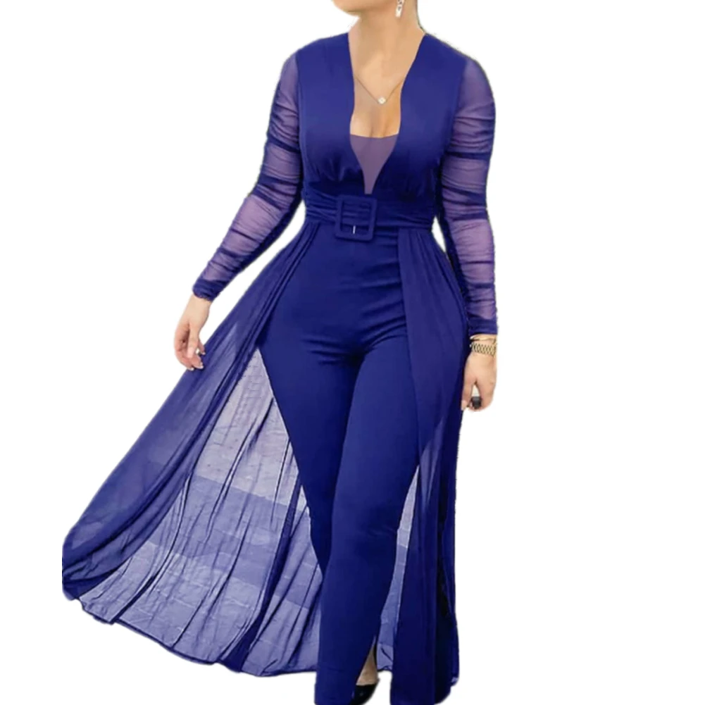 

Women Summer Plus Size Deep V-Neck High Waist Long Sleeve Mesh Pacthwork Wide Leg Pant Jumpsuit Romper
