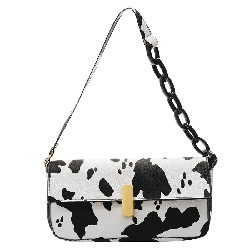 

Retro Handbags Women Vintage Shoulder Bag Trendy Single Strap PU Leather Zipper Cow Milk Print Female Small Messager Bag 2020