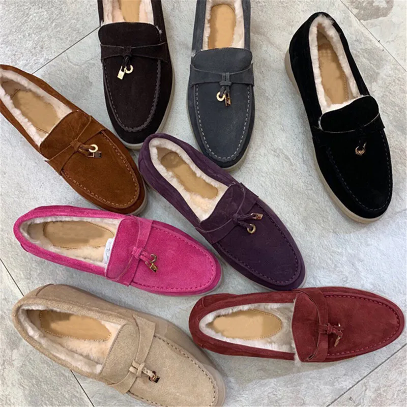 

Prova Perfetto Leisure Cow Suede Women Casual Shoes Warmest Sheepskin Warmest Solid Color Round Toe Slip-on Lady Sewing Loafers