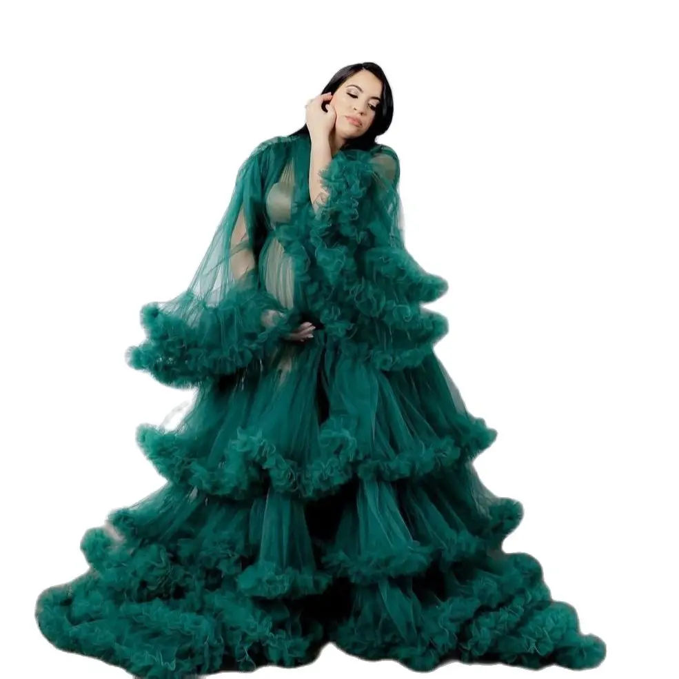 

Тюлевое платье для беременных, а-силуэта, темно-зеленое, многоярусные юбки