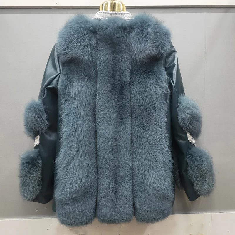 100% natural real fox skin women's coat + real sheepskin leather jacket long sleeve  with diamond Belt, button free