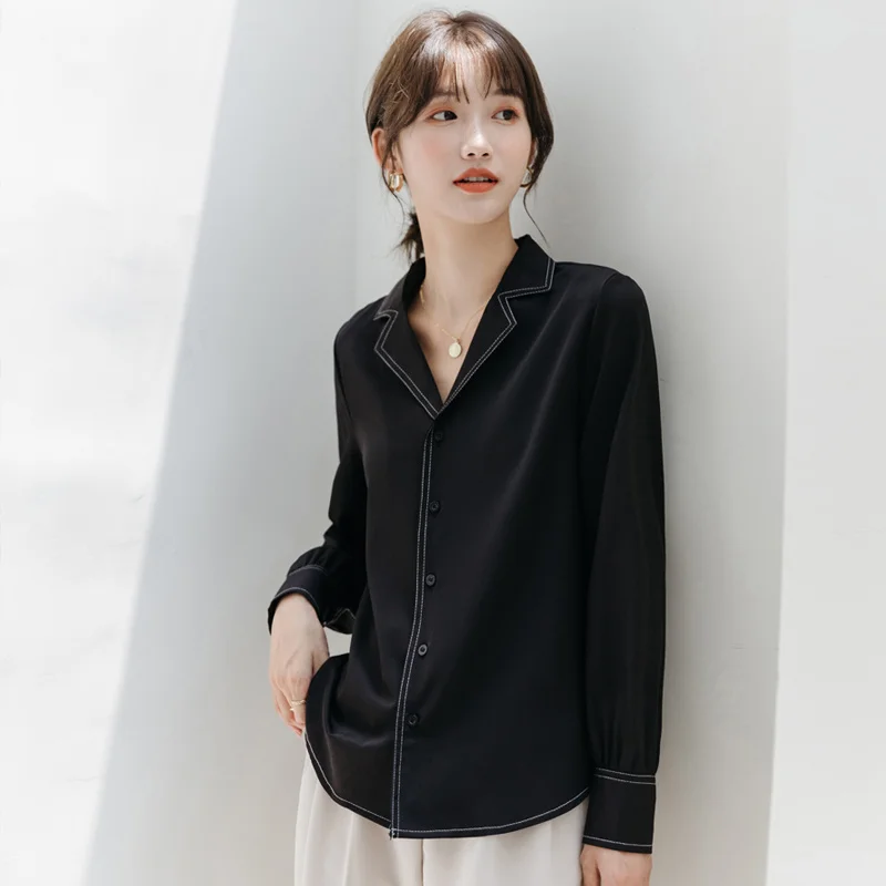 

Retro Hong Kong Style Shirt Women 'S 2021 Autumn New Decorative Open-Line Suit Collar Black Shirt Long Sleeve Single Coat