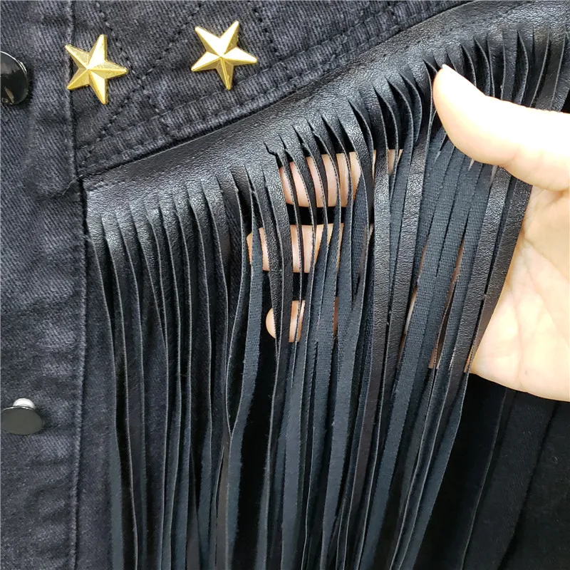 

2020 European New Industrial Tassels Stars Riveting Cool Jeans Coat Women's Short Denim Jacket Handsome Streetwear Denim Coats