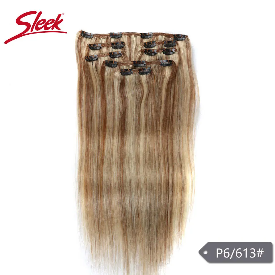 

Sleek Hair 7Pcs Clip in Human Hair Extensions Brazilian Straight Honey Blonde #P27/613 Color Remy Hair Extension Clip