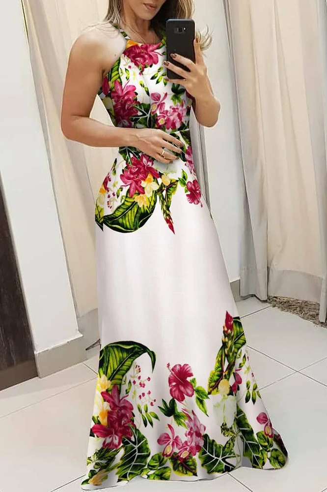 

2021 high qualityTropical print spaghetti strap maxi dress women's print dress
