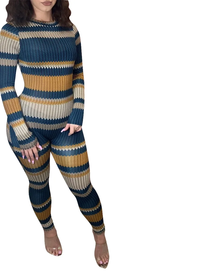 

2021 New Style Women Skinny Jumpsuit Stripe Printing Color Block Splicing Round Neck Long Sleeve Jumpsuit for Female Autumn