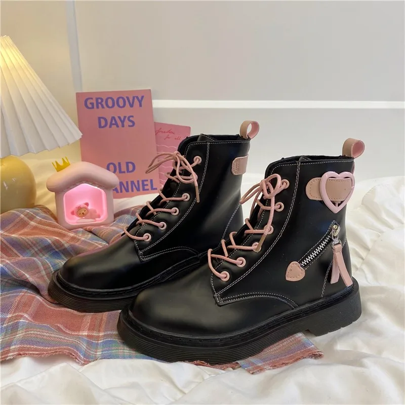 Anime Cosplay Martin Lolita Boots Women Ankle Boot Harujuku Feminine Sweet Girls Female Kawaii Japanese Cute Lace Up Mid Heel