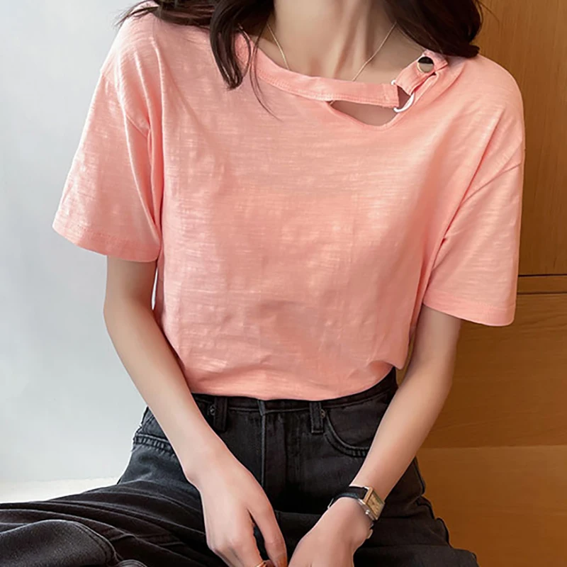 

Blusas Mujer De Moda 2021 Button Solid T Shirt Women Cotton Summer Tops Korean Style Short Sleeve Woman Clothes Tee Shirt Femme
