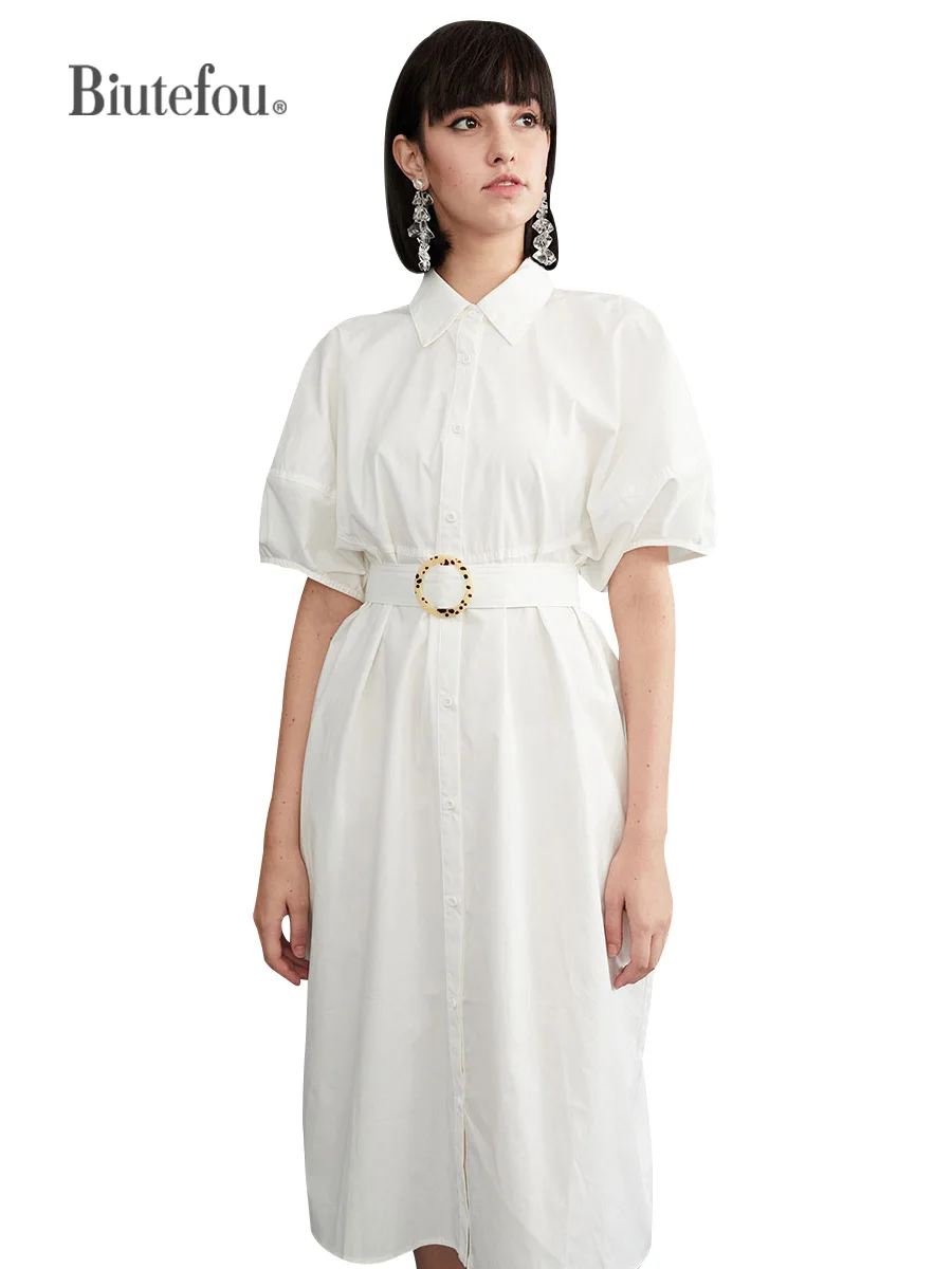 

【Biutefou】Original Design 2021 Summer Women Solid Color Single Breasted Cotton Dress With Belt