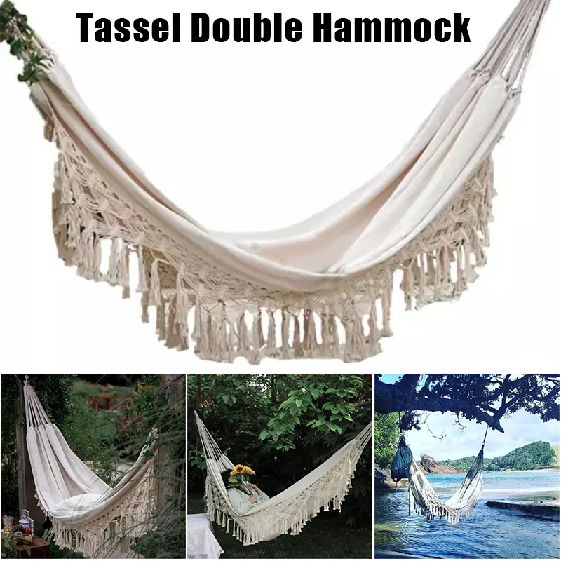 

Deluxe Double Hammock Swing Chair New Large 2 Person Boho 2x1.5m Brazilian Macrame Fringed Indoor Hanging Swing Gift For Dad