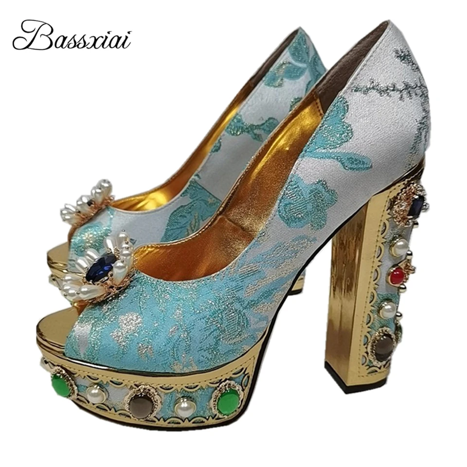 

Женские вечерние туфли на массивном каблуке, туфли-лодочки с бусинами, заклепками, жемчужинами и вышивкой