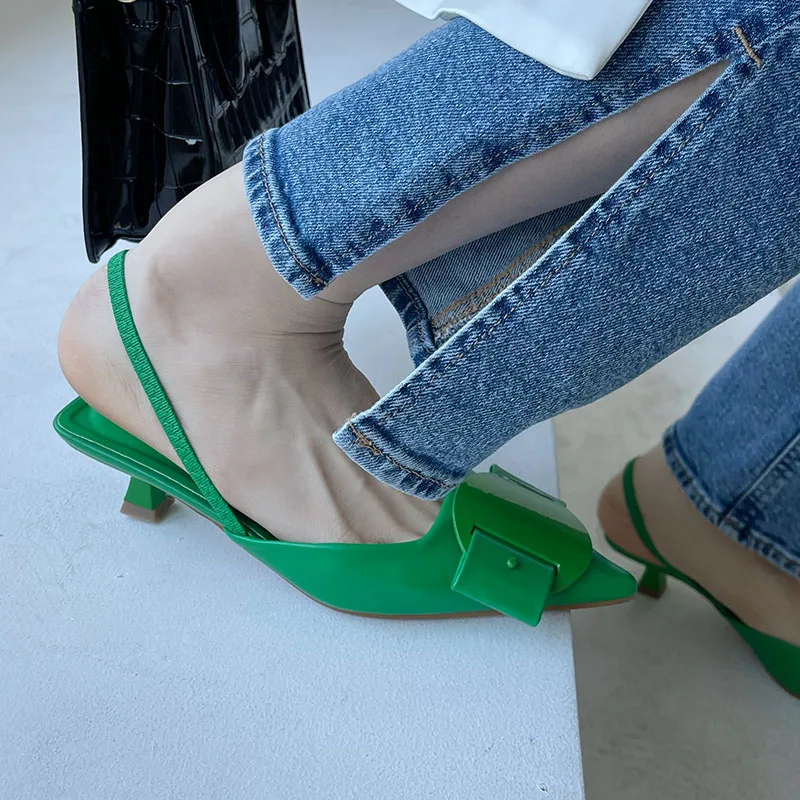 

Женские сандалии на низком каблуке, туфли-лодочки без застежки с острым носком, туфли-лодочки зеленого цвета с пряжкой, весна 2022