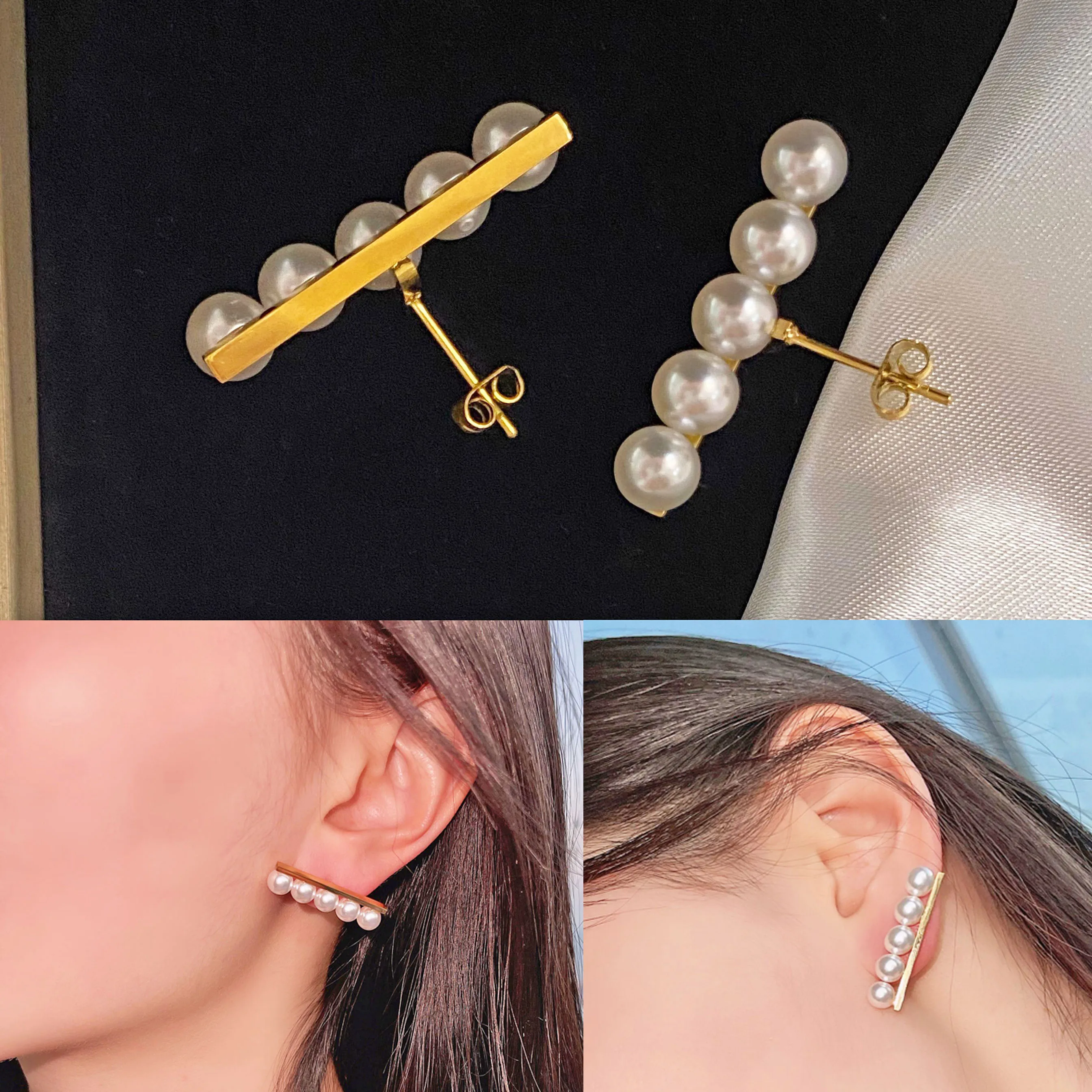 

Pair Balance Beam Pearl Ear Studs For Women High Quality 18K Gold Filled 5 Pearl Earrings Simplicity Metal Temperament Jewelry