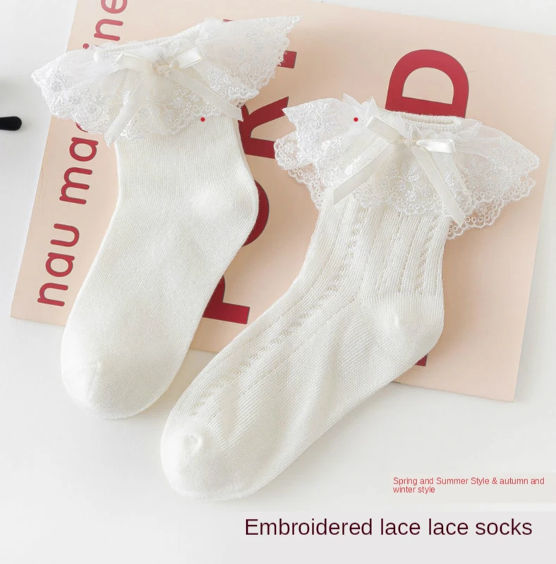 

2020 Autumn Winter Embroidered Mesh Lace Baby Socks For Girls White Princess Socks Lolita Bow Cotton Kids Socks