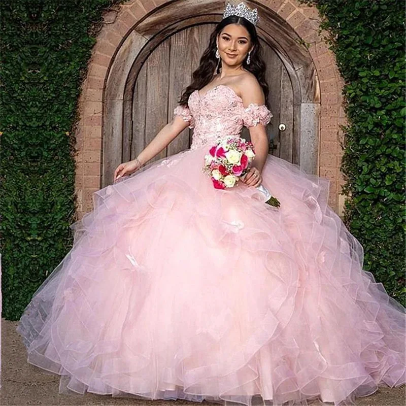 Розовое Бальное Платье бальное платье Quinceanera выпускное с открытыми плечами 3D