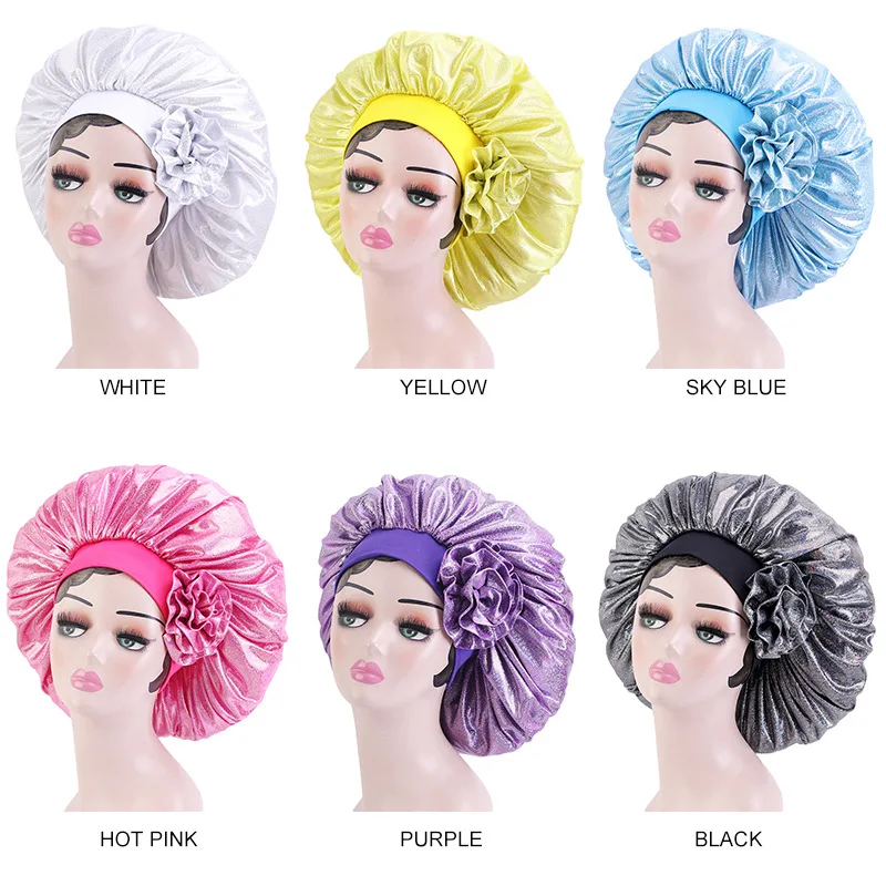

Extra Large Bright Silk Satin Bonnet with Wide Stretch Big Flower Hair Care Cap Women Night Sleep Hat Silky Head Wrap Shower Cap