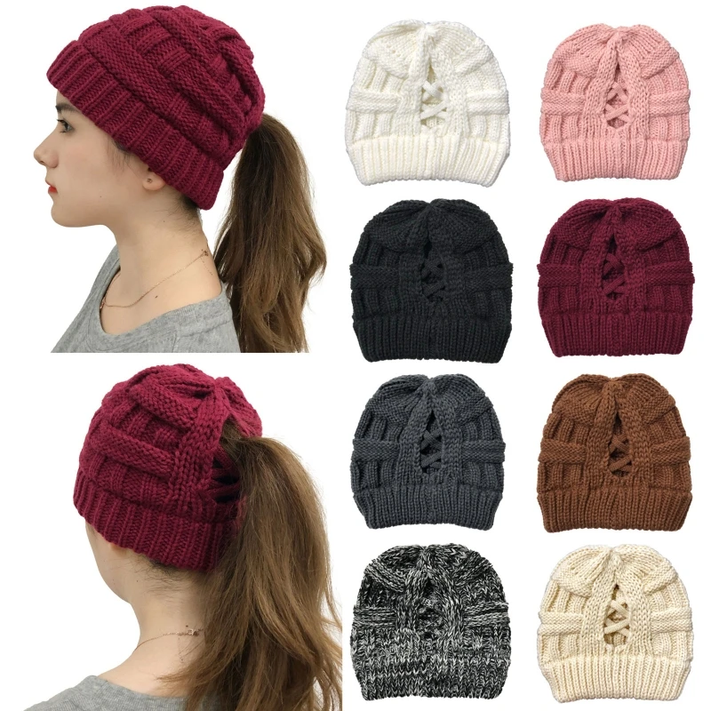 

Women Winter Crochet Cable Knitted Beanie Cap Solid Color Hollow Out Criss Cross Messy High Bun Ponytail Warm Skull Cap