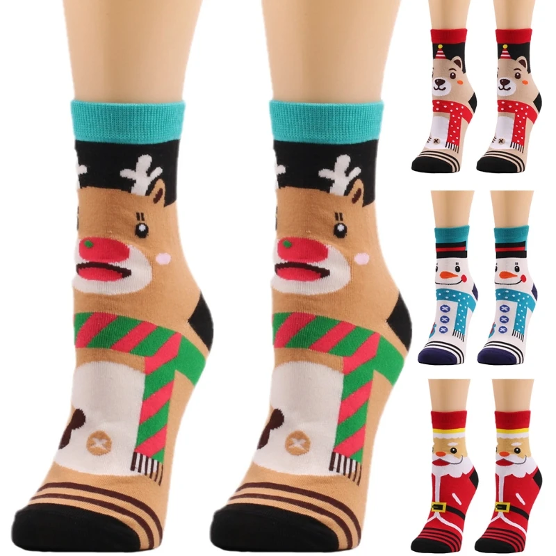 

P8DB Women Men Novelty Christmas Holiday Crew Socks Cute Cartoon Reindeer Snowman Santa Bear Pattern Warm Ankle Hoisery Gifts