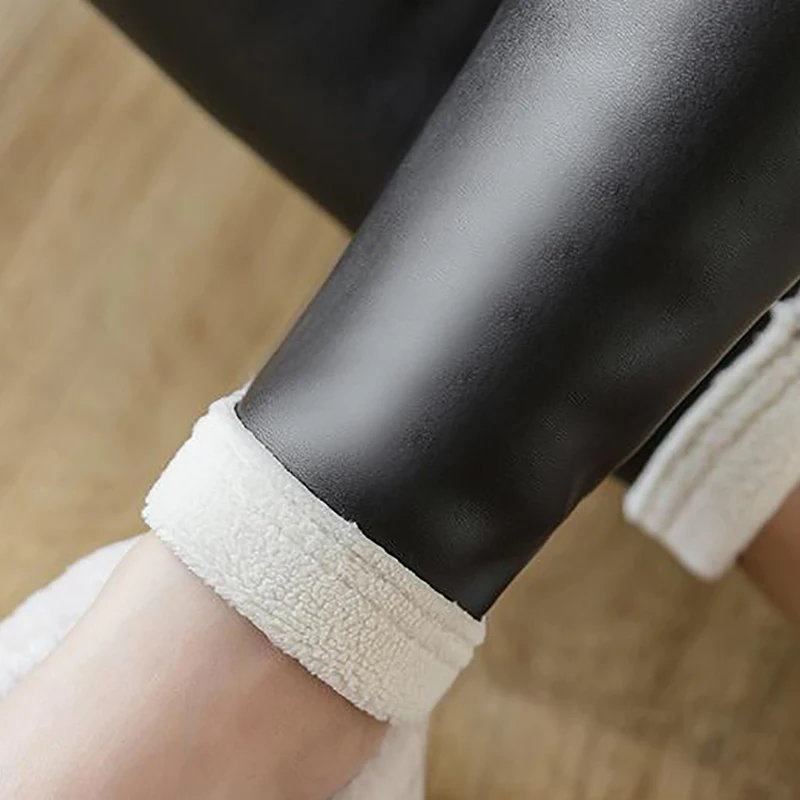 

PU Leather Legging Black Warm Pants Winter Skinny Thick Velvet Wool Fleece Girls Lambskin Cashmere Pants High Waist Trousers