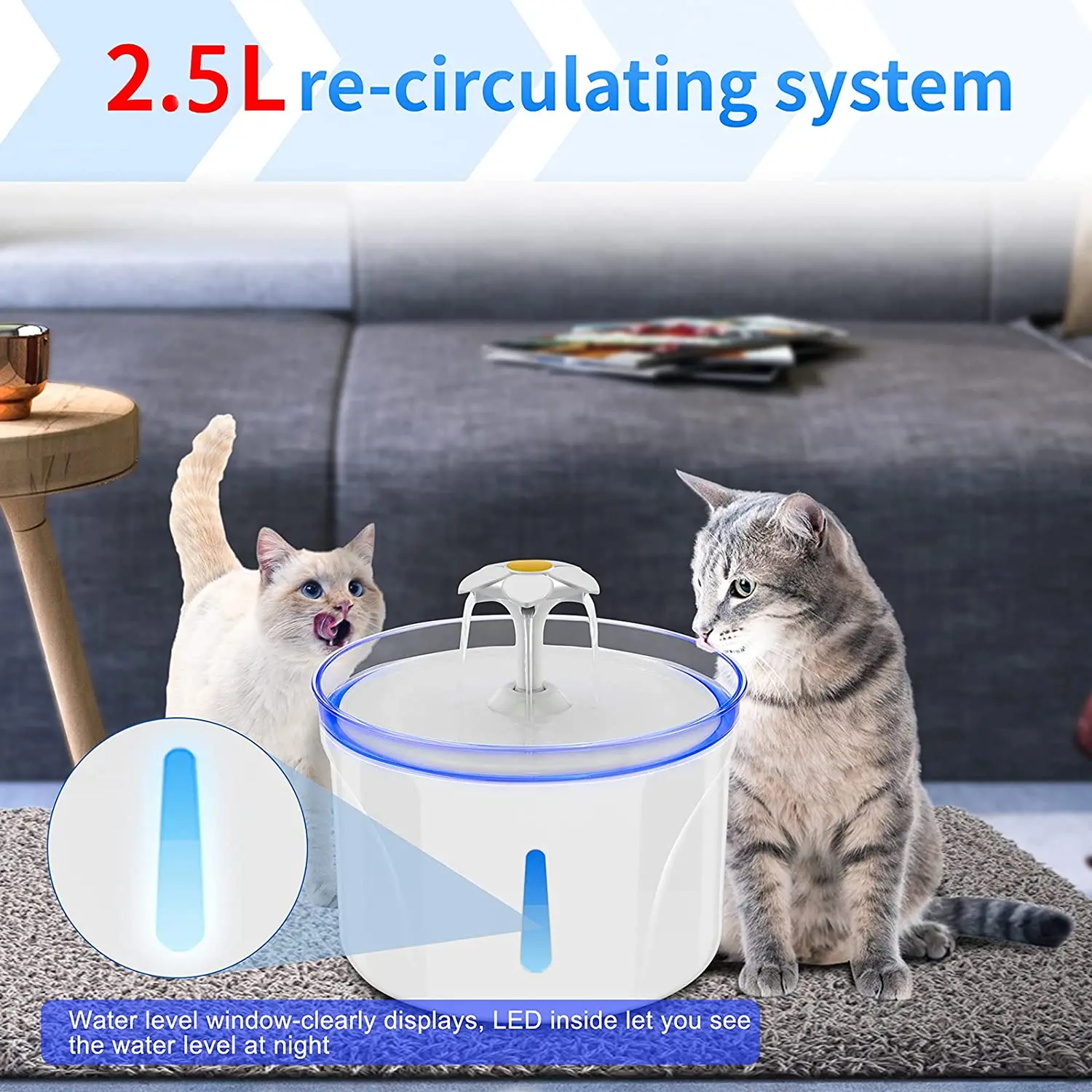 

Cat Water Fountain 2.5L LED Pet Water Dispenser Automatic Dog Drinking Fountain with Filters Spouts Flower Fountain for Pets