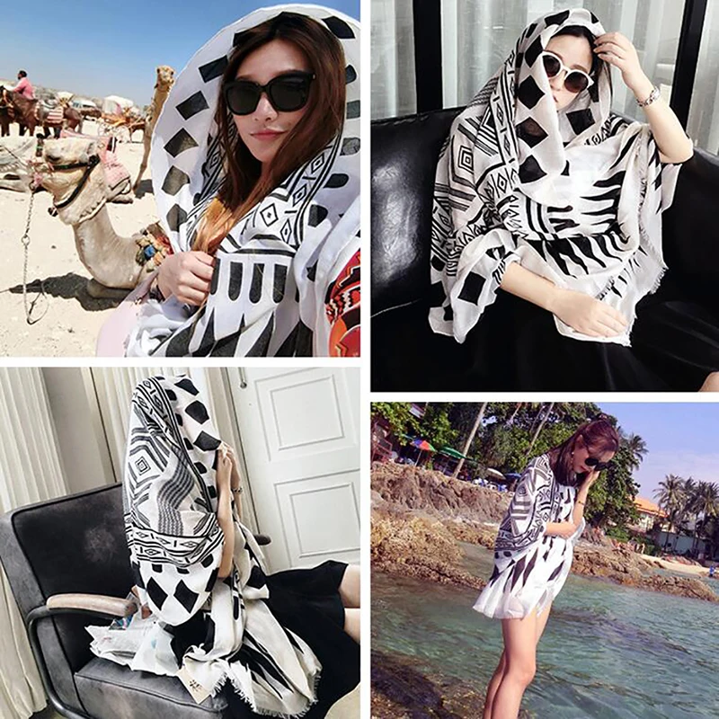 

Black And White Fashion New Women Long Scarf Wrap Scarves Vintage Cotton Large Shawl Hijab Elegant Print Pattern