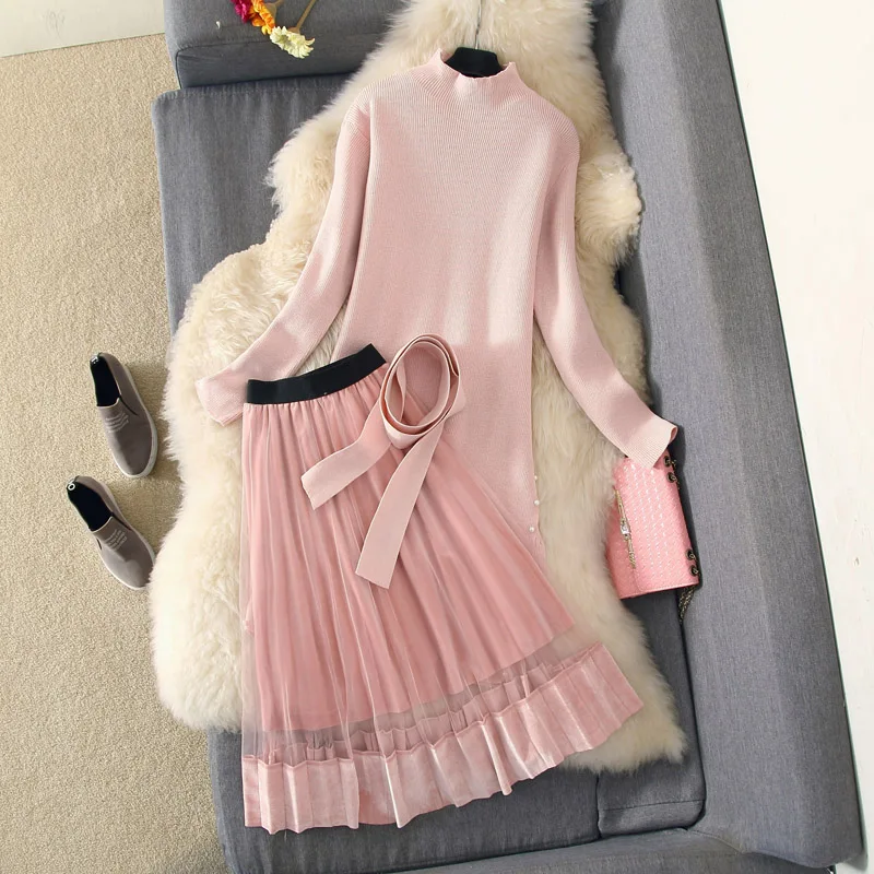 2019 осенне зимний костюм с платьем женский элегантный длинный рукав бисером