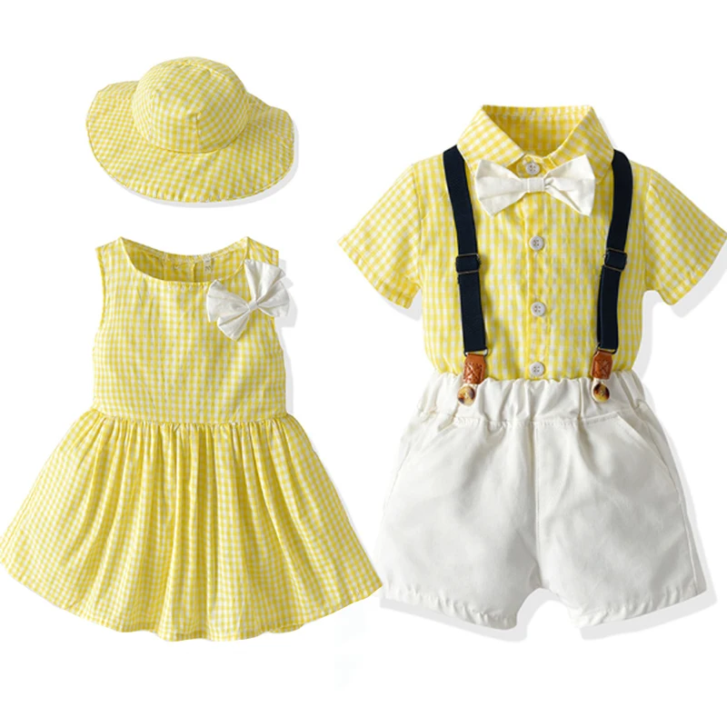 

2022 New Summer Brother And Sister Clothing Set Handsome Bow T-shirt + Bib Short 2Pcs Boys Suits Girls Dress With A Hat Outfit