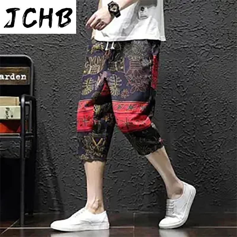 

2021 Vintage Shorts New Summer Men Casual Shorts Linen and Cotton Plus Size Clothing Print Knee Length Short High Waist Pants