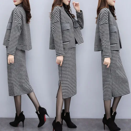 Шерстяной комплект из 2 предметов Женский с юбкой клетчатый двух корейский